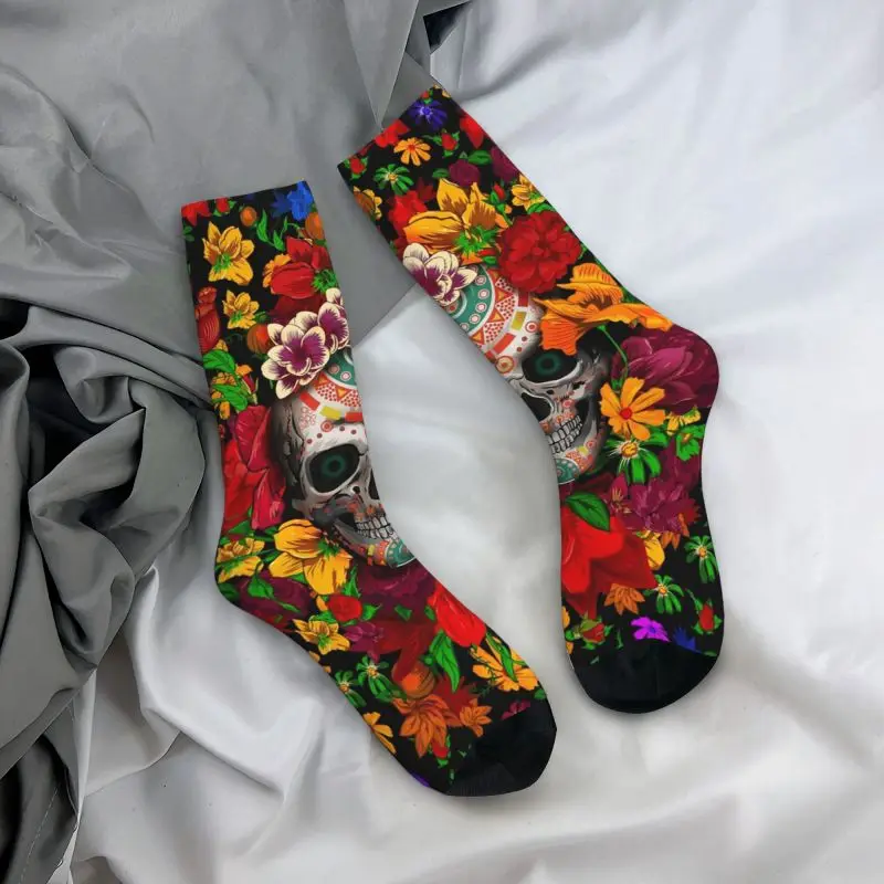 Day Of The Dead Sugar Skull With Flower Mens Crew Socks Unisex Funny 3D Print Mexican Floral Dress Socks