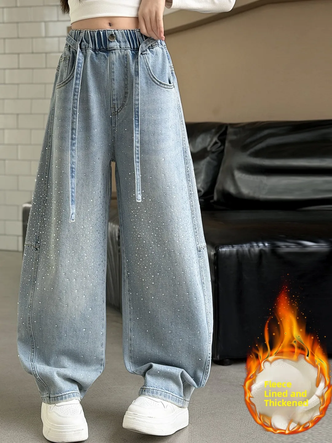 

Thiened Fce Diamond Embellied Girls Jeans Autumn Winter Sle Comfortable Non-Stretch Elastic Waist Casual Trousers