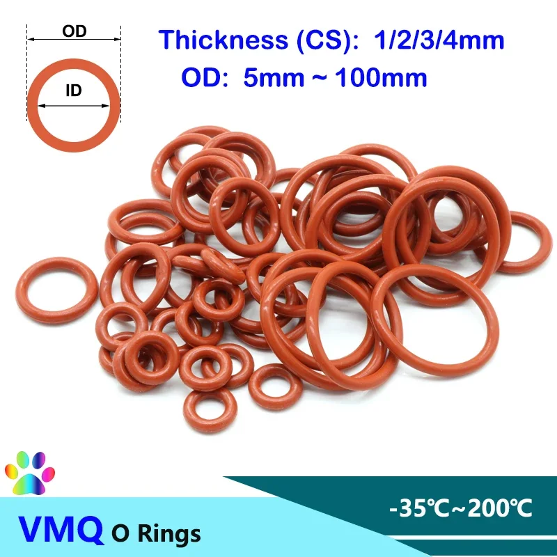 

50pcs Red VMQ Silicone O Ring Gasket Thickness CS 1/2/3/4mm Food Grade Good Sealing Waterproof Silicon Washer Rubber Ring