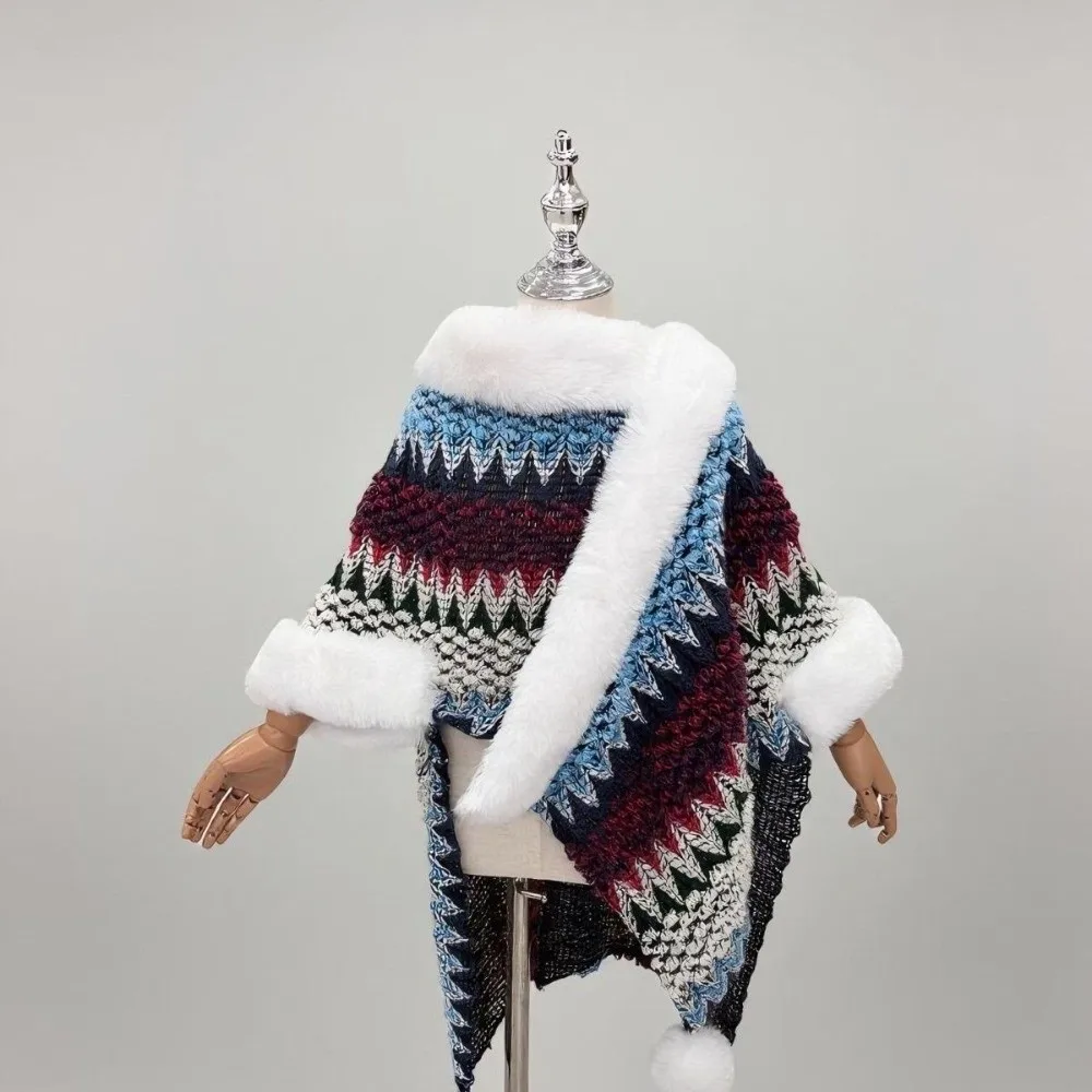 

Faux Fur Collar ' Mongolian Poncho Ethnic Style Winter Warm Plush Knitting Wraps Striped Artificial Wool Coat Overlays For