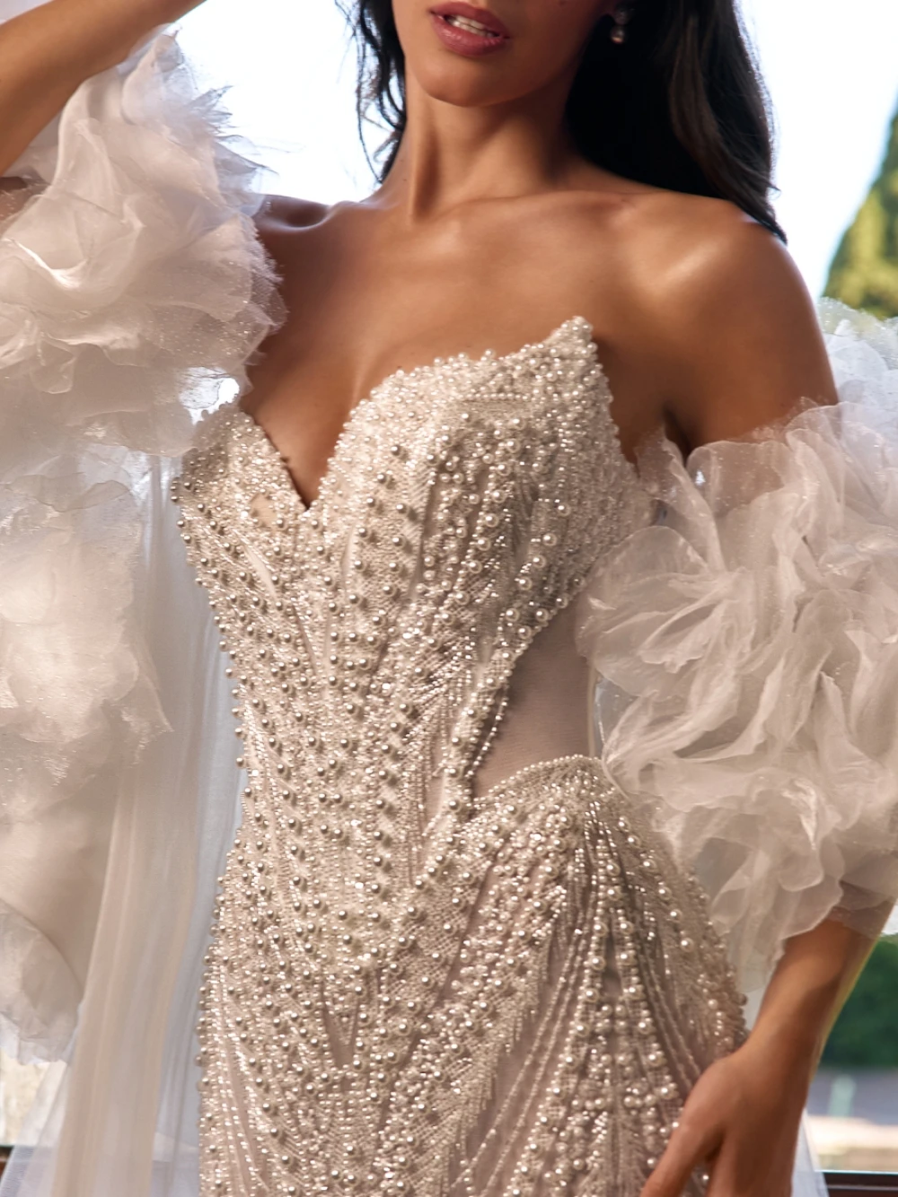 Luxury 2 in 1 Pearl Beaded Mermaid Wedding Dress Sweetheart Detachable Ruffle Tulle Sleeve Shiny Dreamy Customized Bridal Gown