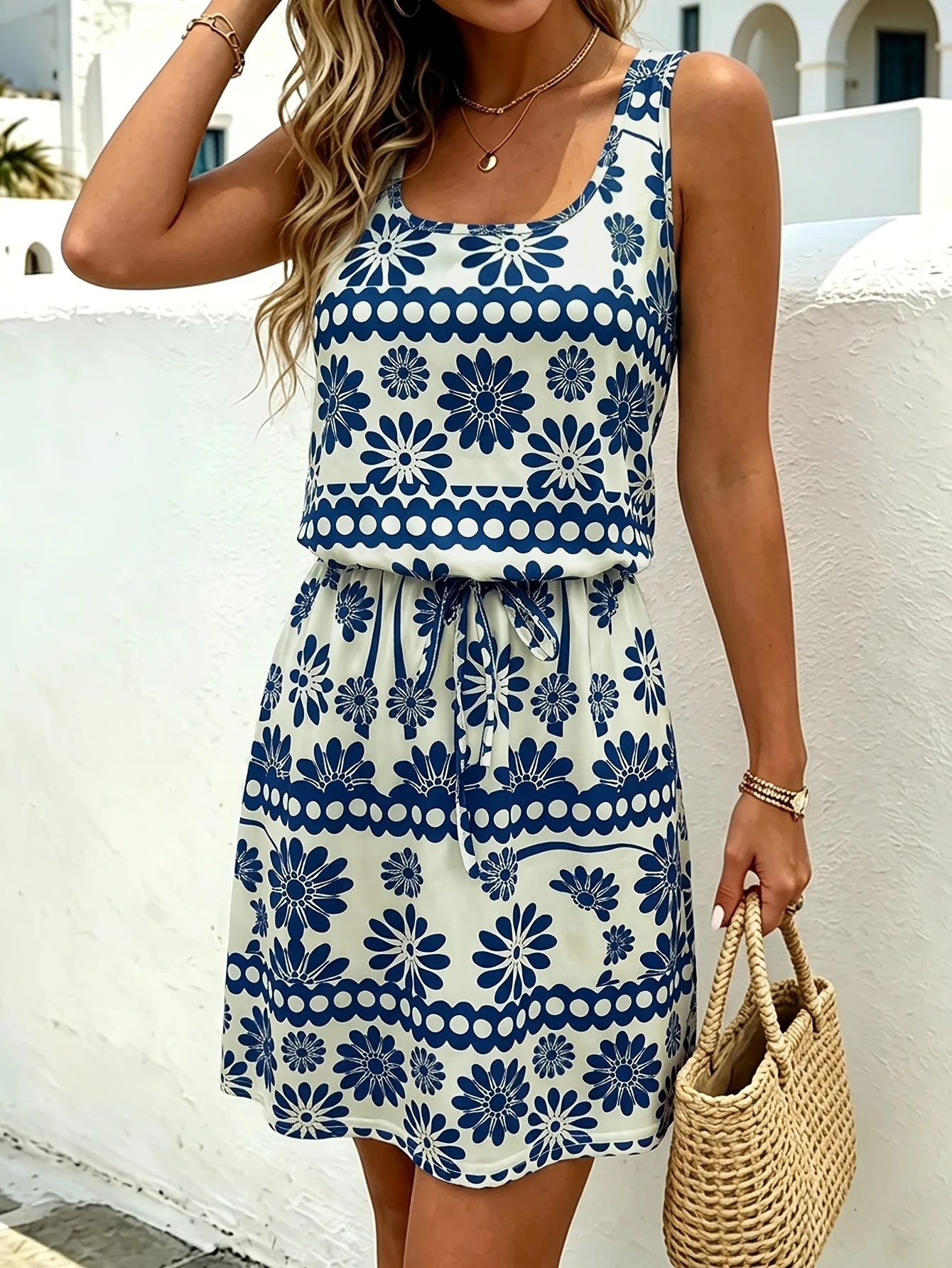 Damen-Minikleid mit Blumenmuster, Rundhalsausschnitt, selbstbindende Taille, A-Linien-Sommerkleid, kurzes Strandkleid für Damen