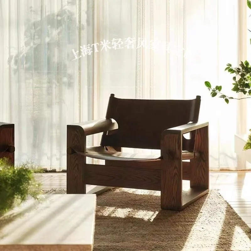 Wabi-sabi style vintage solid wood saddle leather single sofa chair for living rooms