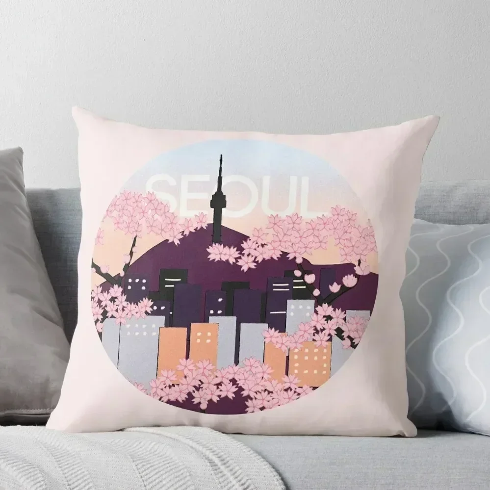 

Seoul Tower With Woodblock Style Cherry Blossoms South Korea Throw Pillow Christmas Pillow Covers pillow pillowcase