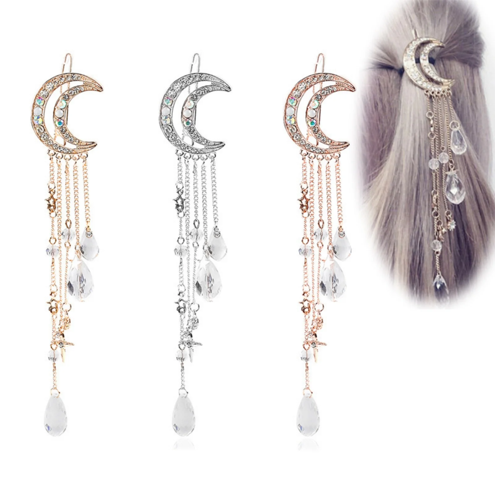 1 Stück Ramadan-Mond-Haarspange für Damen, funkelnde Kristall-Strass-Halbmond-Haarspangen, elegantes Quasten-Haaraccessoire – Detail 2