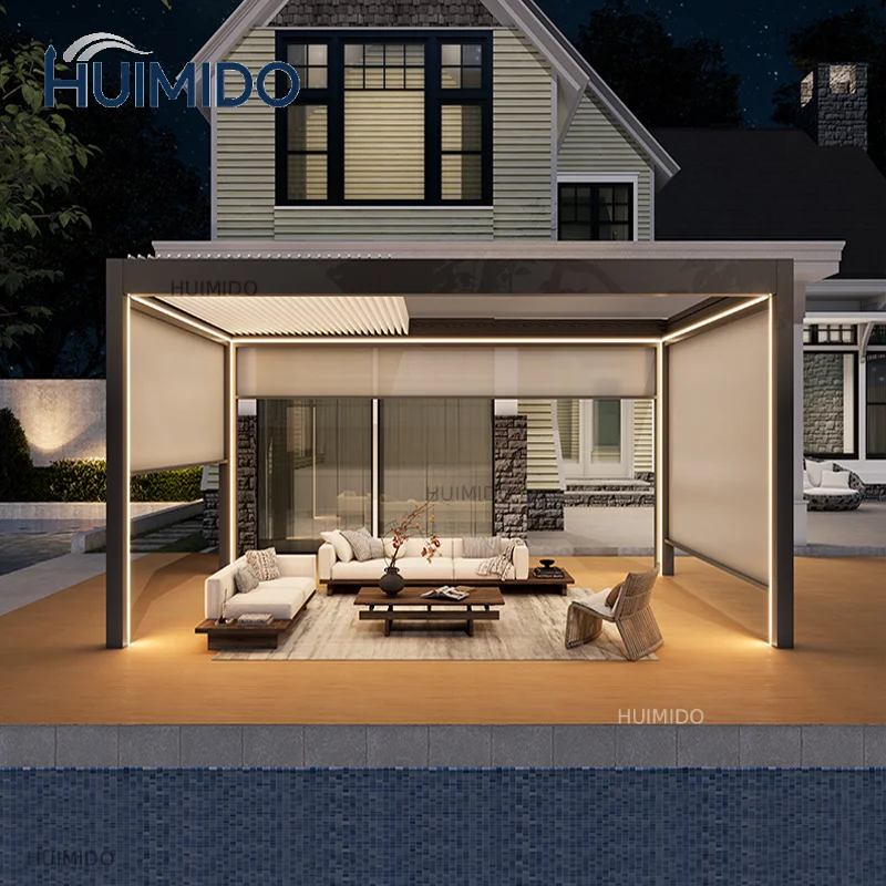 Modern Motorized Bioclimatic Gazebo Powder Coated Aluminum Louver Roof Waterproof Windproof Garden Patio Balcony Shelter