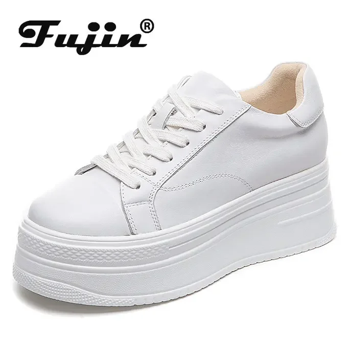 Fujin 7cm Air Mesh Genuine Leather White Sneakers Platform Shoes Wedge High Heel for Women Shoes Fashion Sneakers Hollow