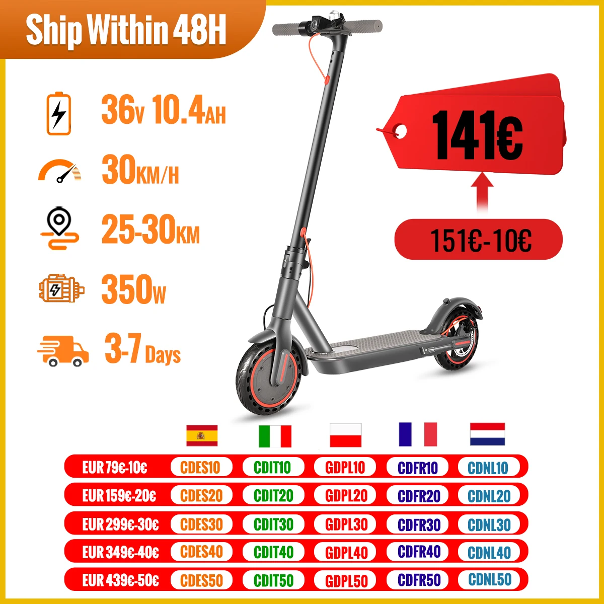 N7PRO 350W Adult Electric Scooter 36V 10.4Ah Escooter Kick Scooter Support APP Lightweight Long Range 30km Scooter EU Warehouse