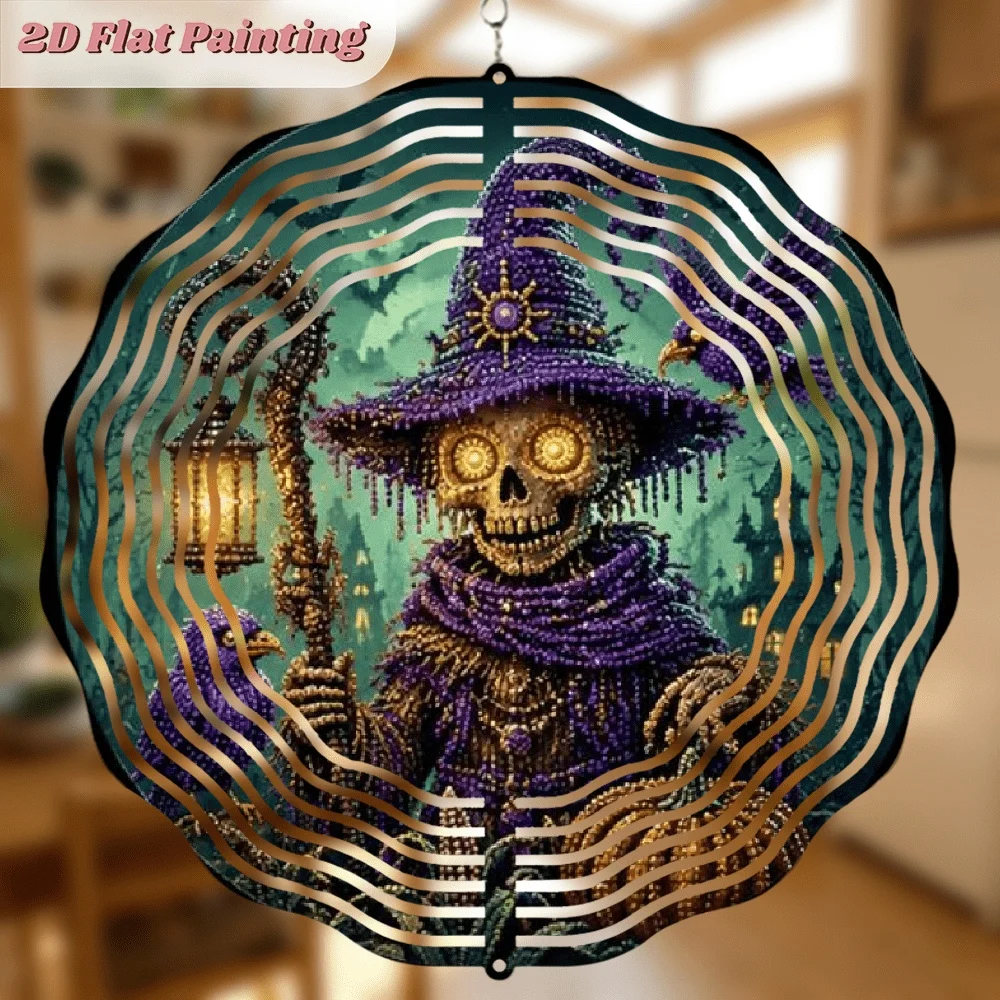 CIFbuy 360 Creative Wind Chimes Halloween Dia De Los Muertos Spinning Hanging Ornament Purple Witch Hat Skull Oil Lamp Bird