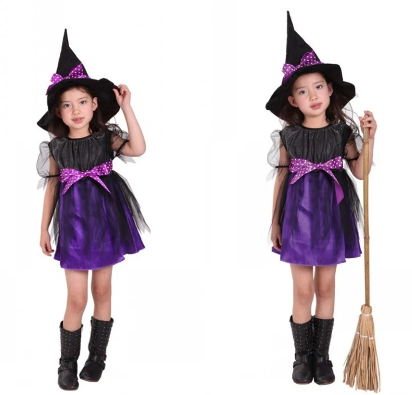 

Children Halloween Cosplay Witch Costume For Baby Girls Dress+Hat Carnival Party Gown Infant Fancy Dress Up Clothing 2pcs Set