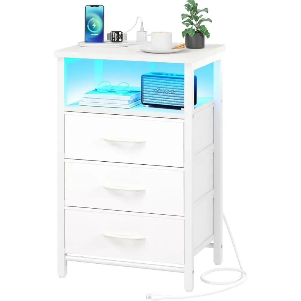 16 Colors LED Nightstand With USB Ports and Outlets Bedroom Furniture End Table With 3 Fabric Drawers and Storage Shelf Bedside