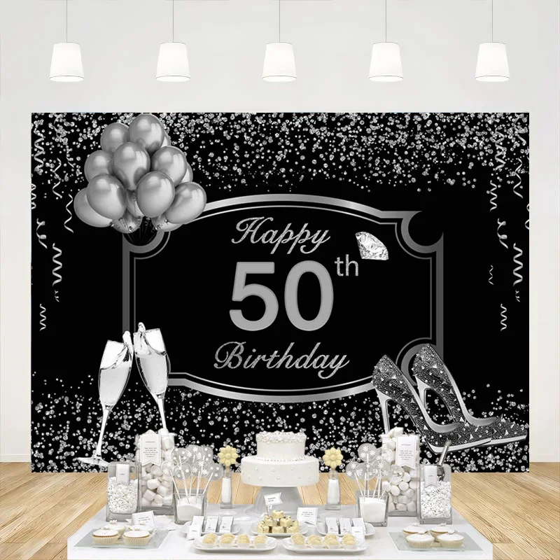 Happy 50th Birthday Photography Backdrop Silver Glitter Shiny High Heels Champagne Background Fifty Years Old Party Decoration