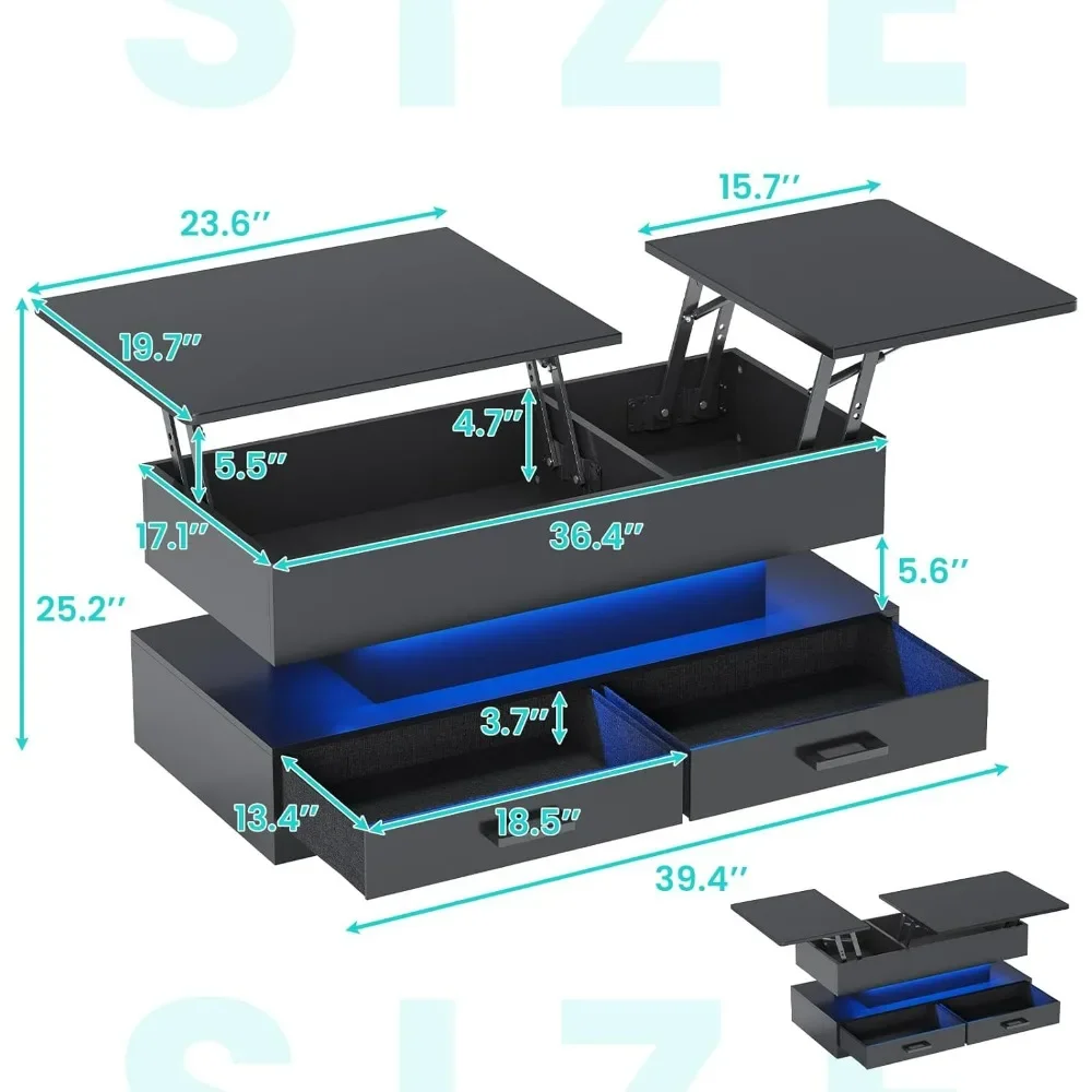 Coffee Table, Tables with 2 Fabric Drawers for Living Room, Small Modern Coffee Table with Storage & LED Light, Café Tables