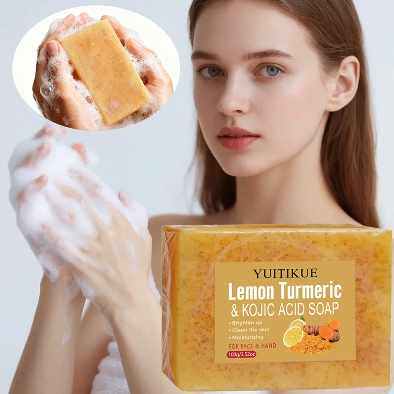 YUITIKUE 100g Lemon Turmeric Kojic Acid Soap Gentle Deep Cleansing Moisturizing Brightening Face Hand Natural Cleansing Bar Soap