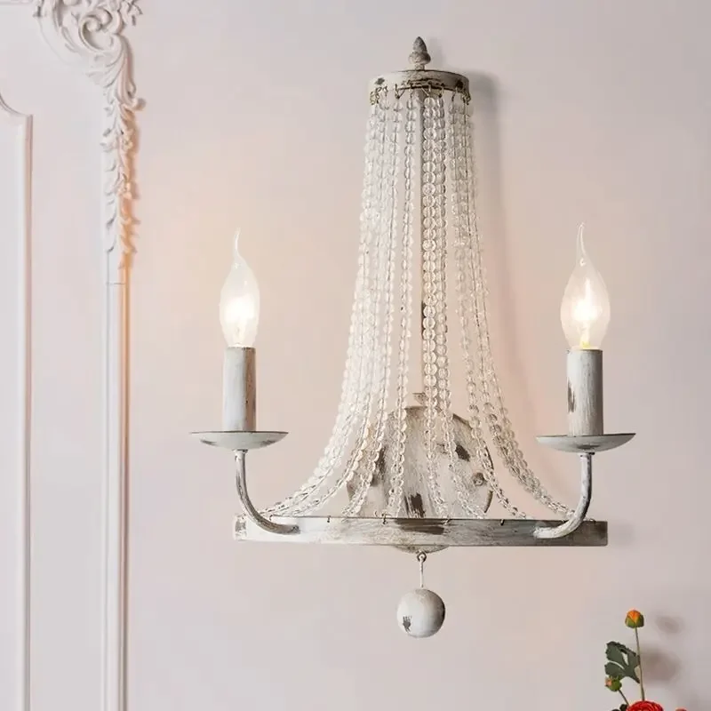 

Crystal Wall Sconce Double Head Candle Bedroom Night Light American Country Style Living Room Background Wall Lamp