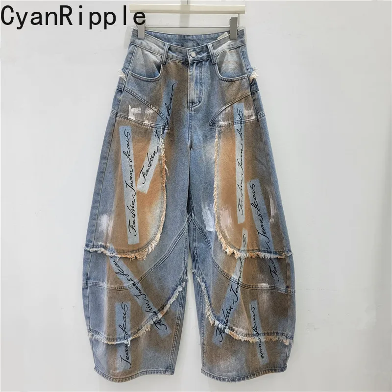 American Vintage Washed Female Denim Trousers 2026 New Spring Autumn High Waist Floor-length Letters Tassel Wide Leg Pants