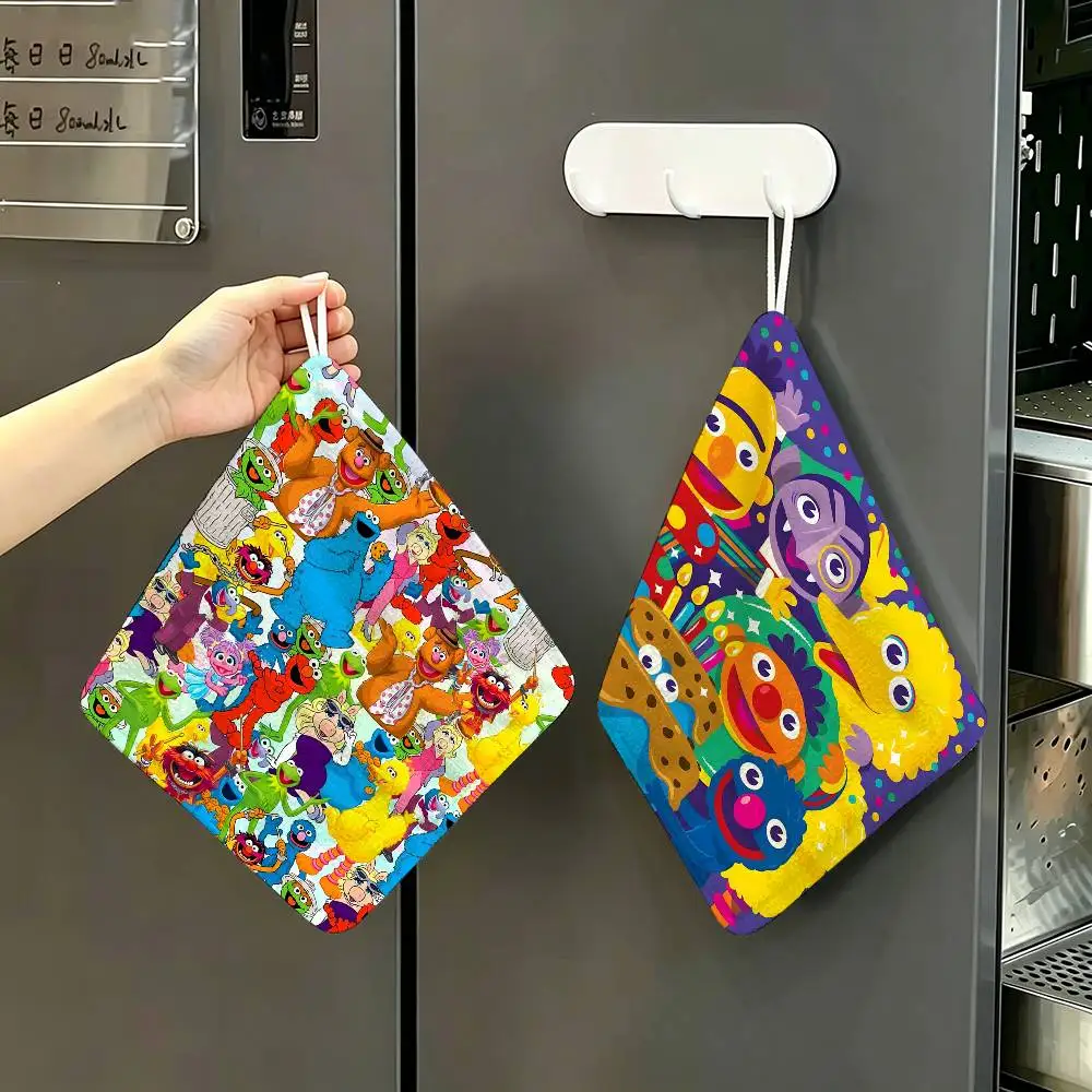 Anime Cartoon S-Sesame S-Streets Polyester Cotton Hand Wiping Towel, Hanging Design, Durable for Household Restaurant Toilet Use