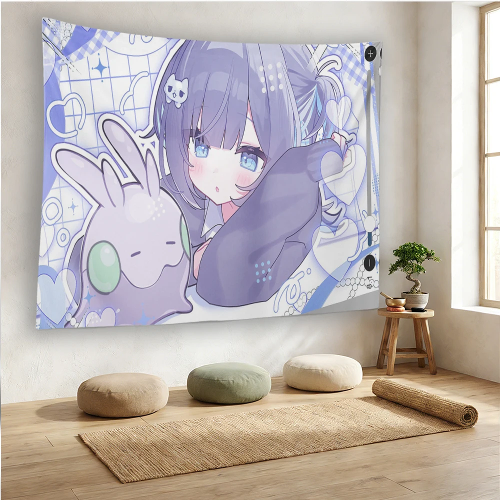 Kawaii Blue Purple Anime Girl Tapestry, Pastel Grid Aesthetic Wall Hanging with Bunny Slime, Cute Otaku Decor for Bedroom Dorm