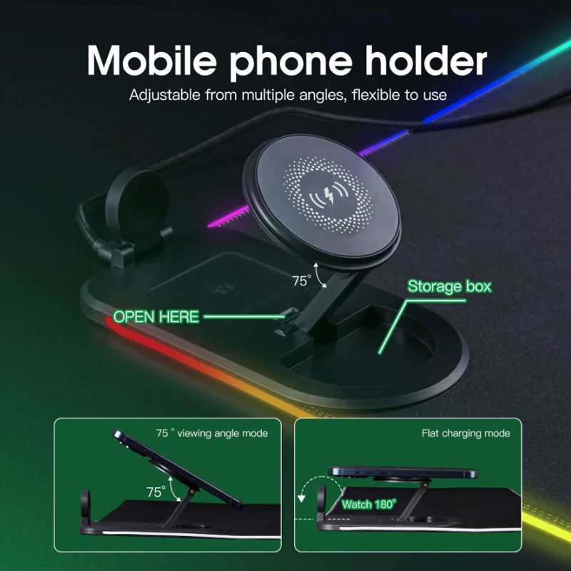 Magnetic Wireless Charging RGB Mouse Pad Charger for Phone Watch Headphone Gaming Mousepad Desktop PC Laptop Mouse Mat 3 In 1