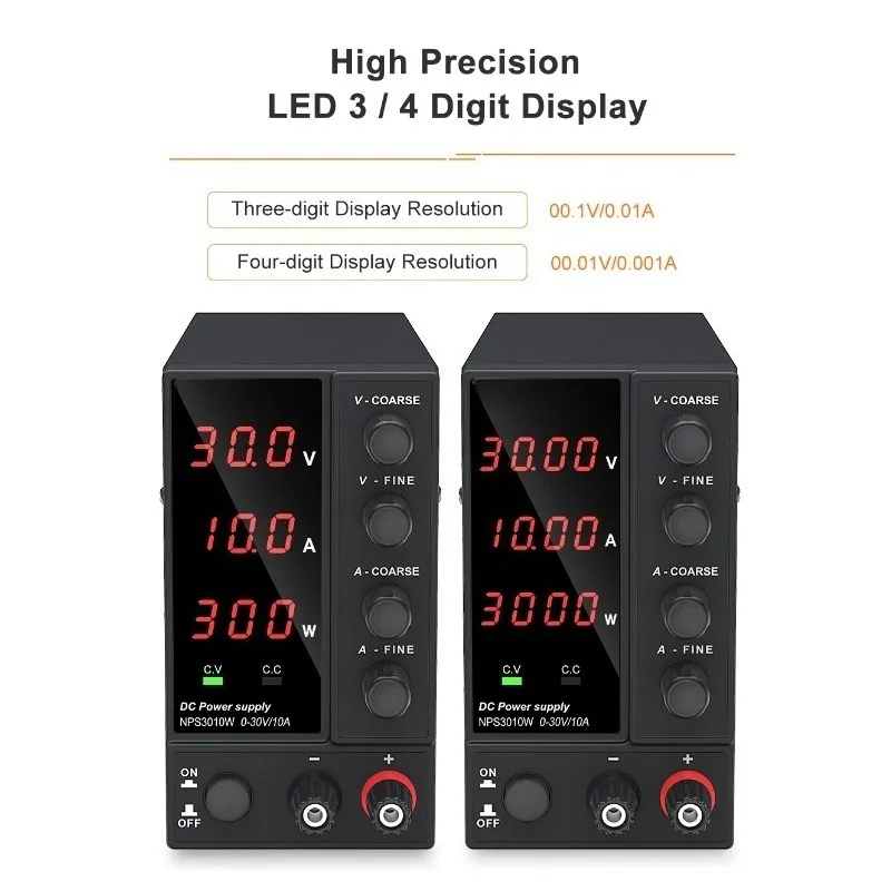 30V 10A BENCH DC ADJUSTABLE POWER SUPPLY, DC POWER SOURCE, REPAIR, LAB, DESIGN, SCHOOL, ELECTROPLATE, CHARGE, NPS3010W