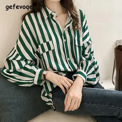 Fall Women Vintage Classic Striped Streetwear BF Oversize Chiffon Blouse Shirts Chic Fashion Casual Loose Long Sleeve Top Female