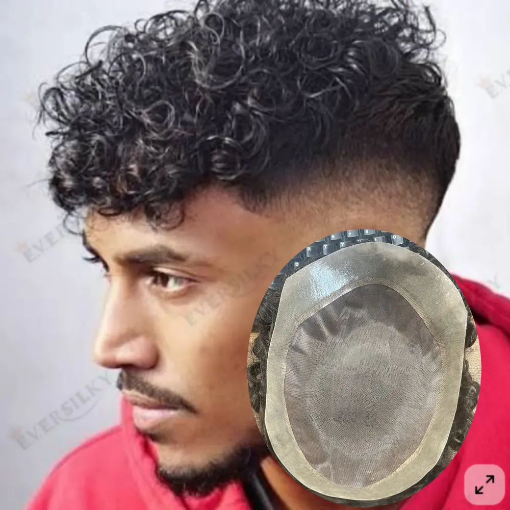 

18mm Curly Men's Toupee Brown/Black Mono PU Hair System Durable 15mm/20mm Curly Capillary Prosthesis 100% Human Hair for Men