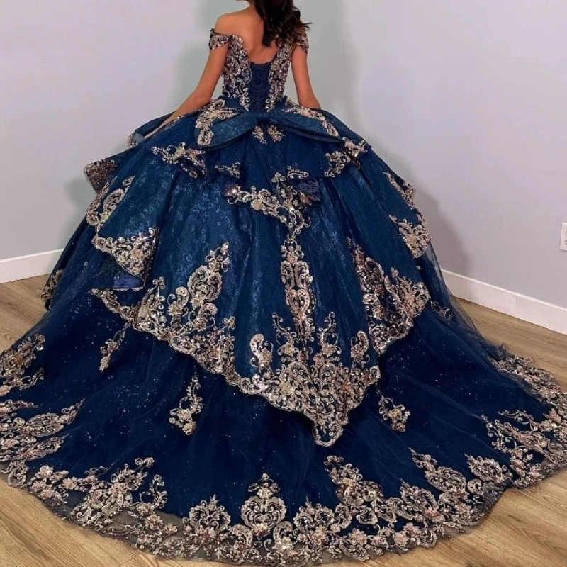 Elegant Navy Blue Women Birthday Party Dresses Cap Sleeve Lace Applique Ball Gown Prom Occasion Vestido 15 16 Quinceanera Dress