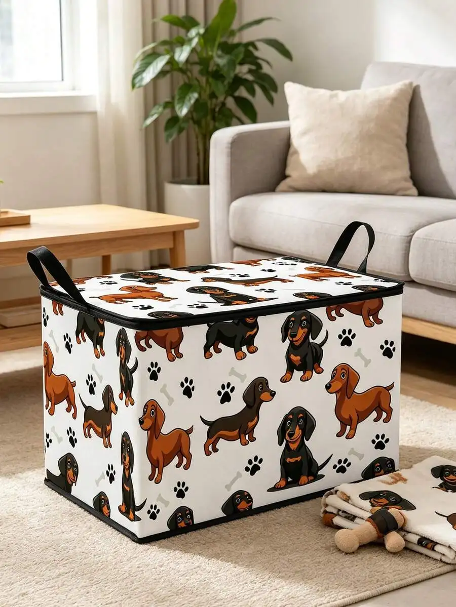 Foldable Storage Box/Basket With Cute Dog Pattern, Dust-Proof Zipper Lid, Suitable For Indoor Home Storage, Can Store Clothes, M