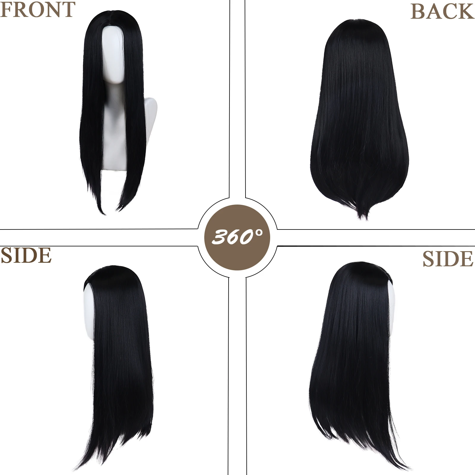 Peluca larga y recta negra para mujer, pelo Natural sintético resistente al calor con parte media para disfraz diario de Halloween, pelucas negras completas