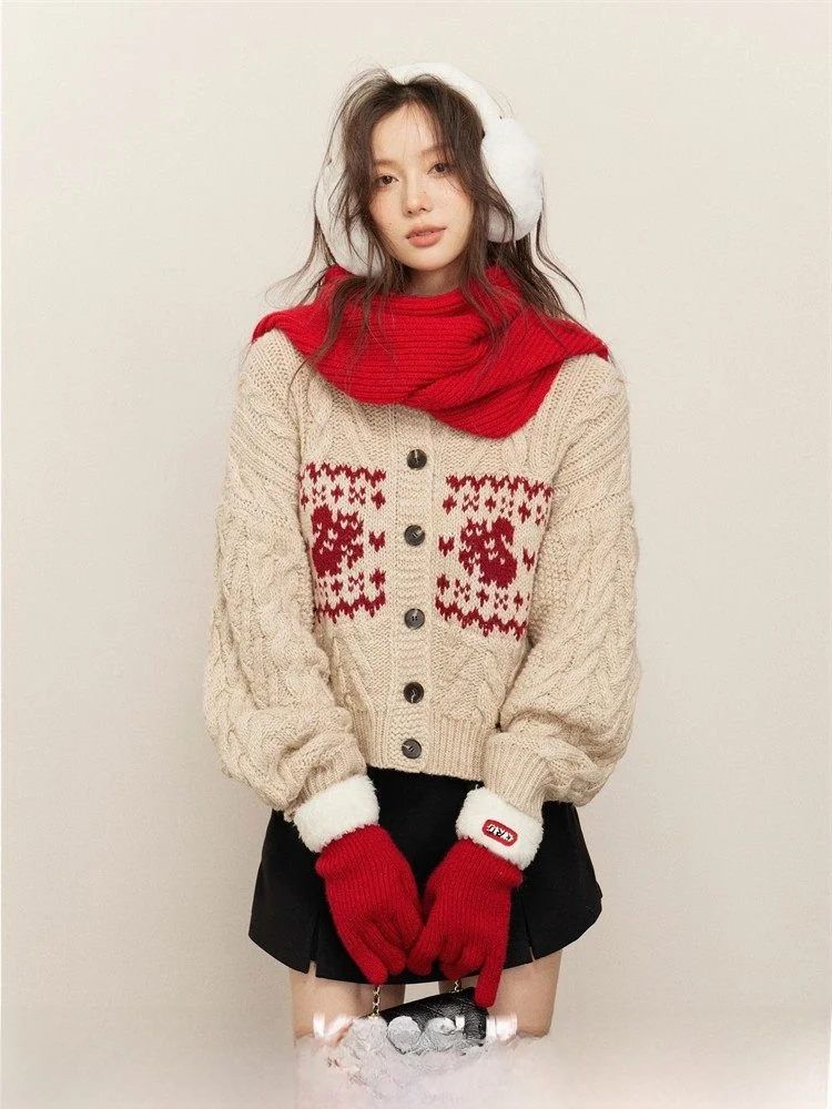 

Вязаный кардиган из шерстяной смеси Kroche Cisas, новогодний, с узором «косы», свободного кроя, для повседневной носки, женственный стиль