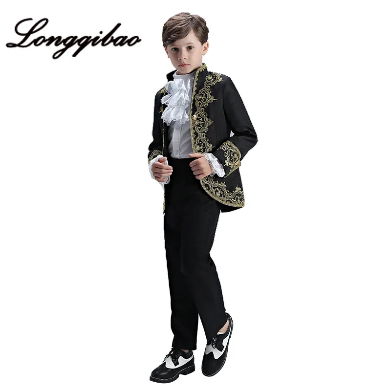 Boys European Style Court Drama Costume Children Golden Flower Stage Prince Charming Performance Clothing Set Kids Blazer Pants