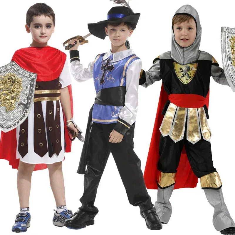 

Kids Boys Royal Warrior Knight Costumes Soldier Children Medieval Roman Attached Cape Halloween Carnival Party No Weapon