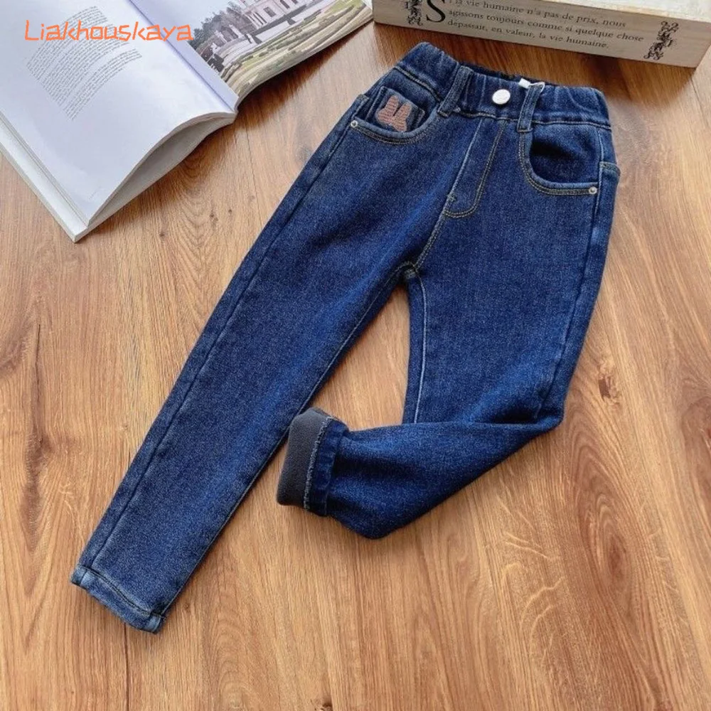 Girls Fleece‑Lined Jeans Soft Stretchy Denim Pants 2026 Autumn Winter Thicken Warm Slim Skinny Long Trousers For 2‑14Y Big Kids