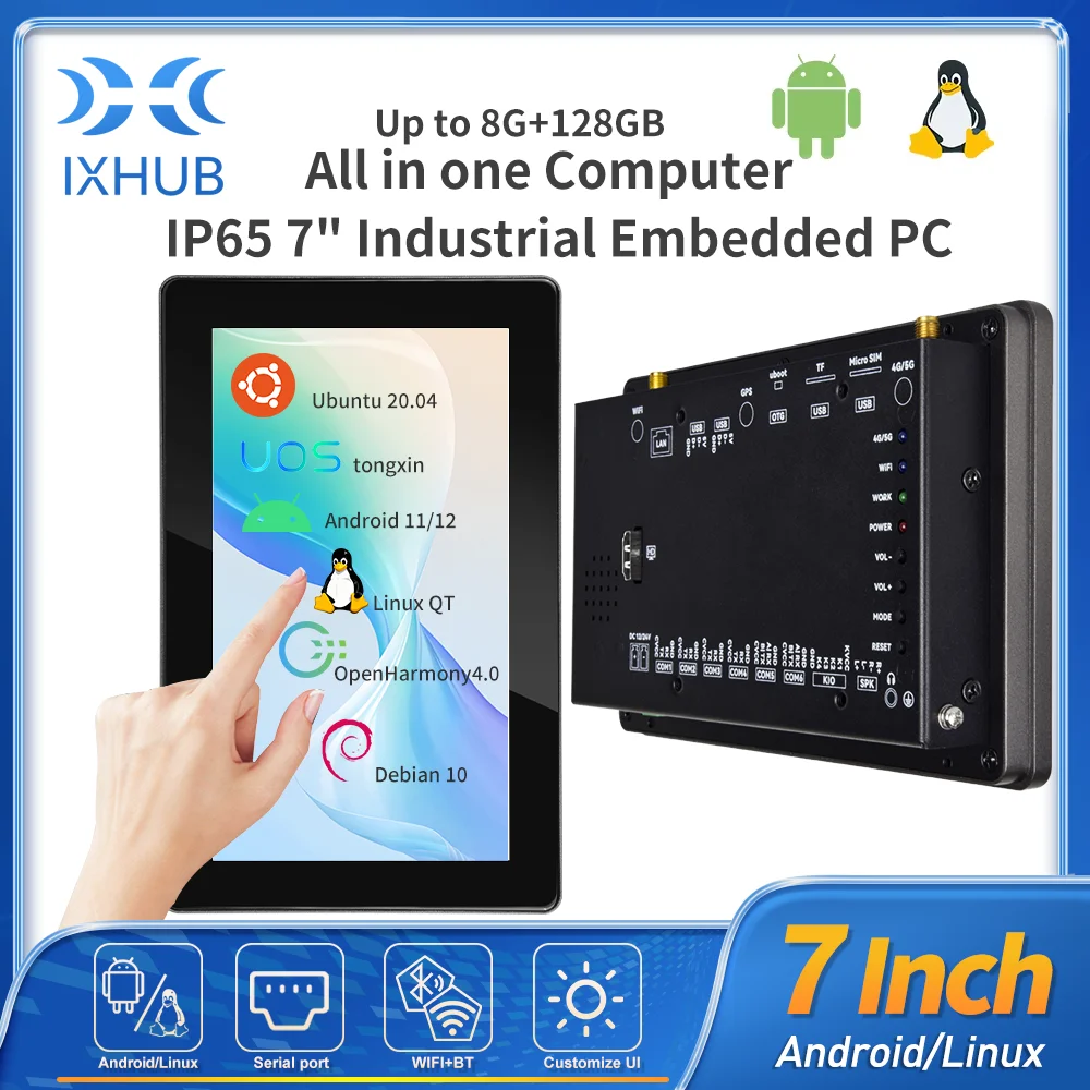 IXHUB 리눅스 태블릿 PC, 산업용 임베디드 HMI 스크린, IPS 정전식 터치 패널, RS232/485 우분투 안드로이드 와이파이 디스플레이, 7 인치