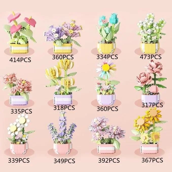 

Building Set, Artificial Toy Flower Building Blocks Puzzle DIY Constructions Decorations Bouquet Collection Creative Gift