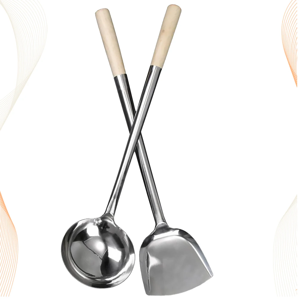 

2Pcs Stainless Spatula Shovel Spoon Set Spoon Set Long H Smooth Edge Kitchen Gadget Cooking Tool Storage Convenience