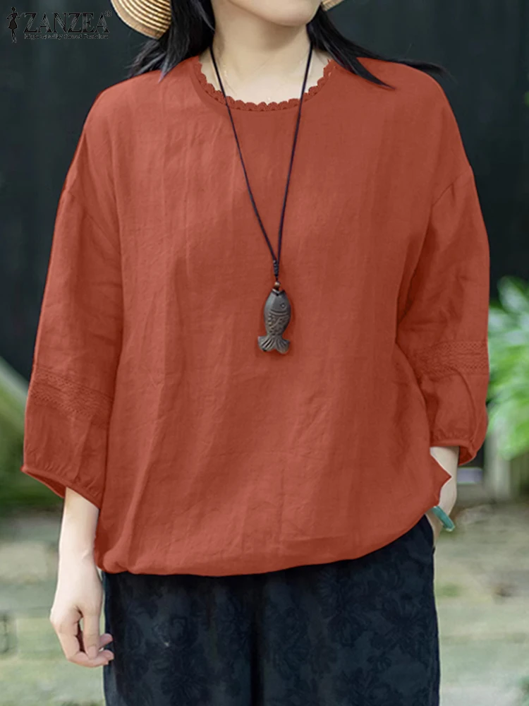 

ZANZEA Woman Vintage Lace Patchwork Blouses 2025 Summer O-Neck 3/4 Sleeve Casual Loose Blusas Mujer Day Wear Solid Tunic Tops