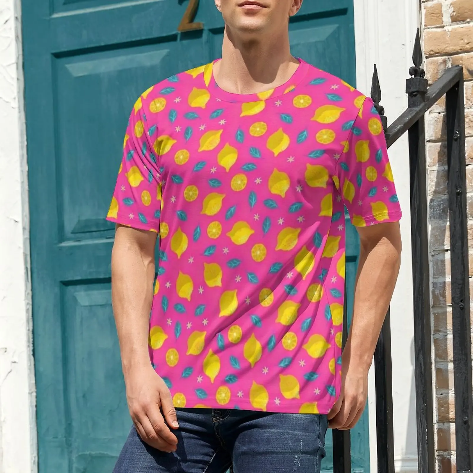 Mens Playful Lemon Blossom Design T Shirt  Novelty T Shirts Short-Sleeve Graphic Tops Dropshipping Summer Funny Oversize Tees