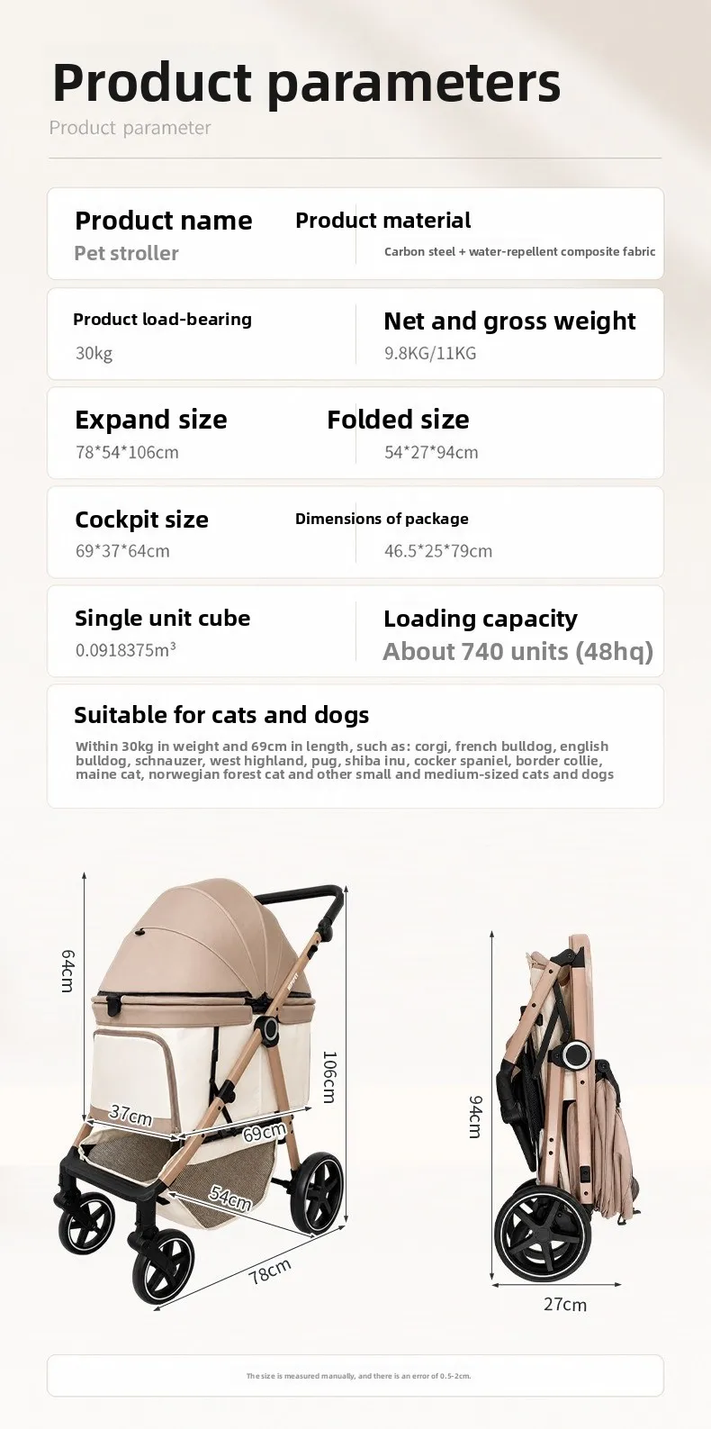 Lightweight Foldable Pet Push Cart, One-Click Folding Pet Stroller Suitable for Kitten Puppy Daily Walk
