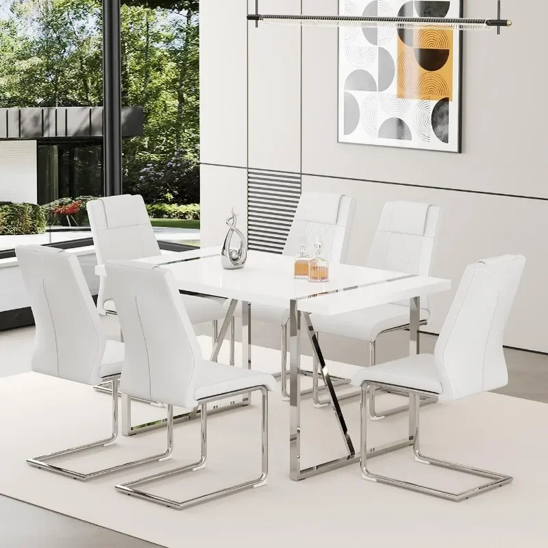 55‘’ Modern  Table Set for 6, Rectangle Dining Room Table with 6 White Upholstered Dining Chairs for Kitchen