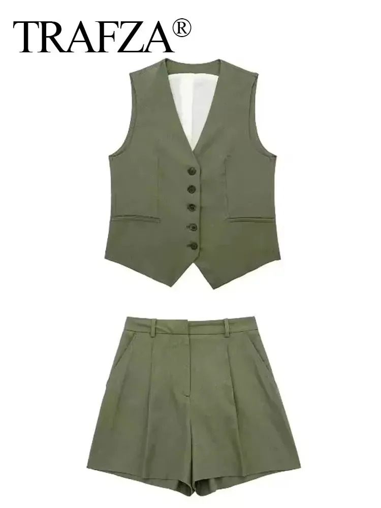 TRAFZA Vest Shorts Suit For Women 2024 Fashion Khaki Single Breasted Waistcoat Top + Slim Pant Sets Female Casual Streetwear