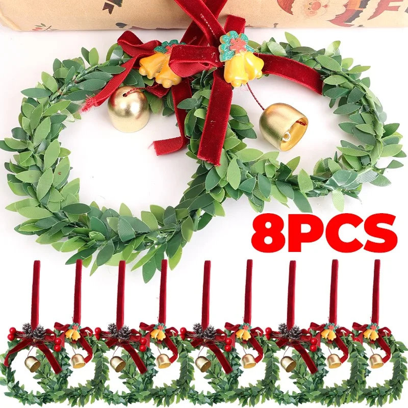 Colgante de corona de campana de Navidad con hojas verdes artificiales, lazo de terciopelo, piña, manija de puerta de árbol de Navidad, guirnalda colgante para chimenea