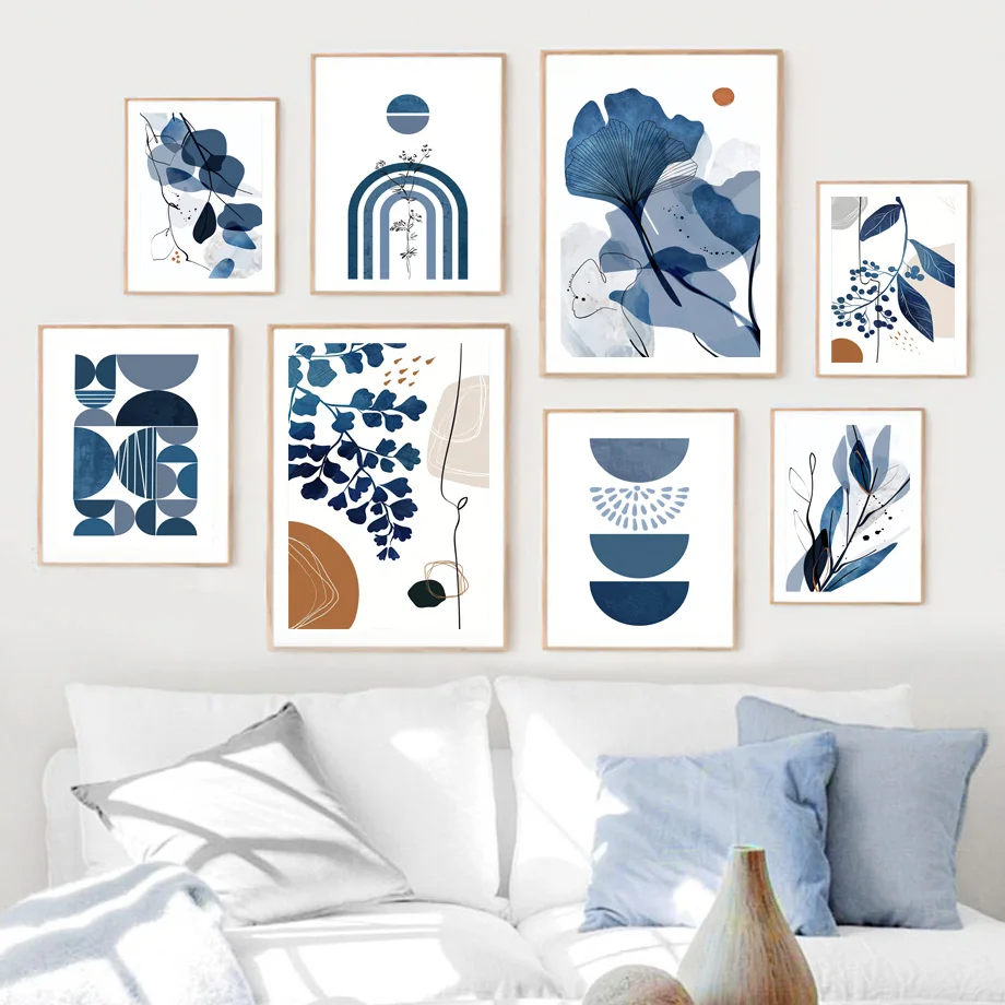 Boho Blue Abstract Leaves Geometric Modern Gallery Wall Art Prints Posters Canvas Painting Pictures For Living Room Home Decor