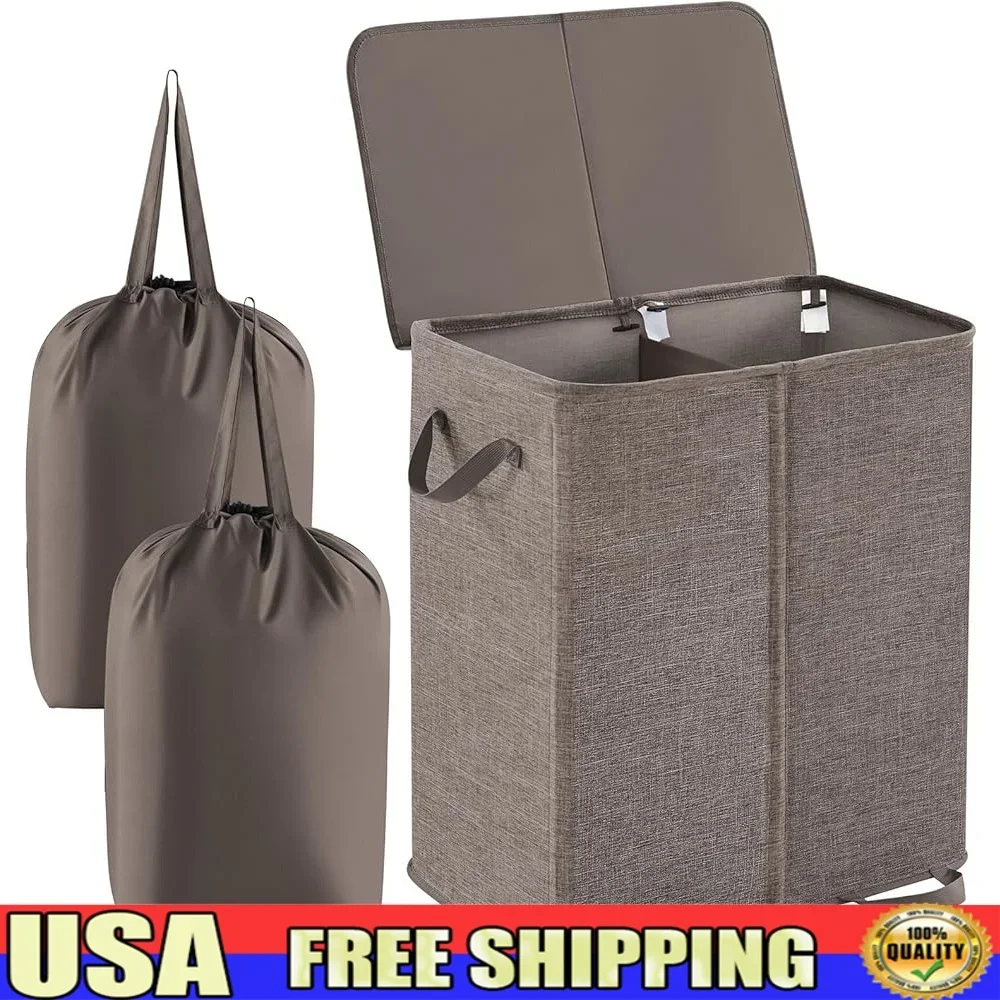 

Double Laundry Basket with Lid Removable Bags Collapsible Design Storage Solution Dirty Clothes in Bedroom