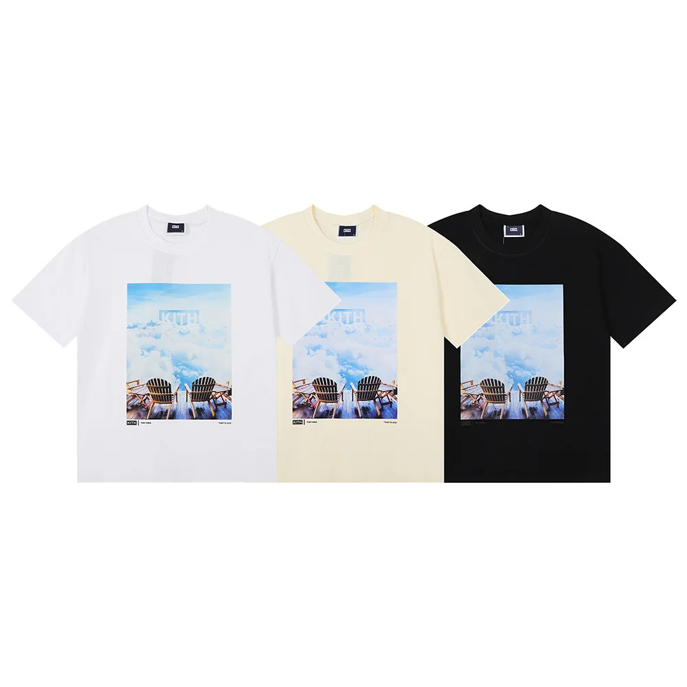 KITH American Style round Neck Short Sleeve Pure Cotton T-Shirt  Cloud Sea Print Street Fashion Hip Hop Couple Summer Top