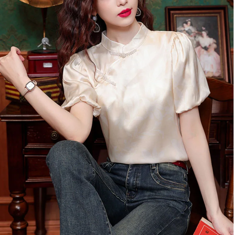 Summer New Women\'s Fashion Simplicity Versatile Loose Casual Chinese Style Stand Up Collar Button Up Puff Sleeve Shirt Tops