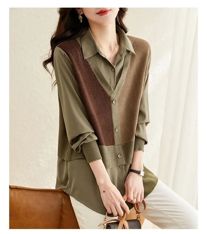 Поддельные две рубашки, сращенный свитер для женщин весной и осенью 2024, новая вязаная корейская версия, свободная базовая рубашка с длинными рукавами