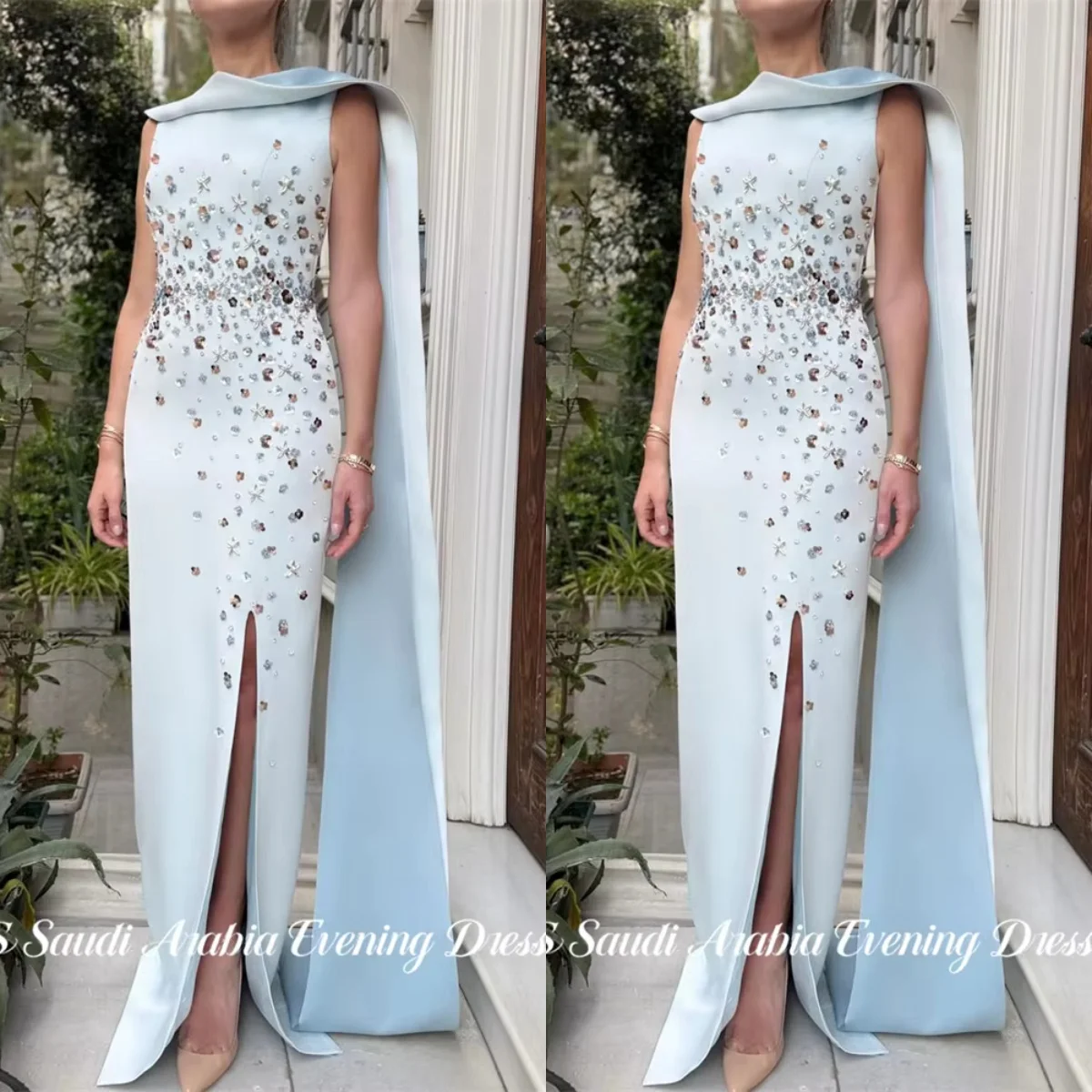 

SOLIS Sky Blue Pearls Evening Dress High Neck Party Dress Glitter Sequin vestidos de fiesta with Side Split Prom Gown Customized