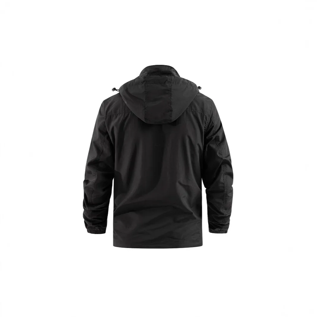 Primavera e outono jaqueta masculina casual gola alta solta jaqueta multi-bolso de meia-idade chapéu removível jaqueta ao ar livre