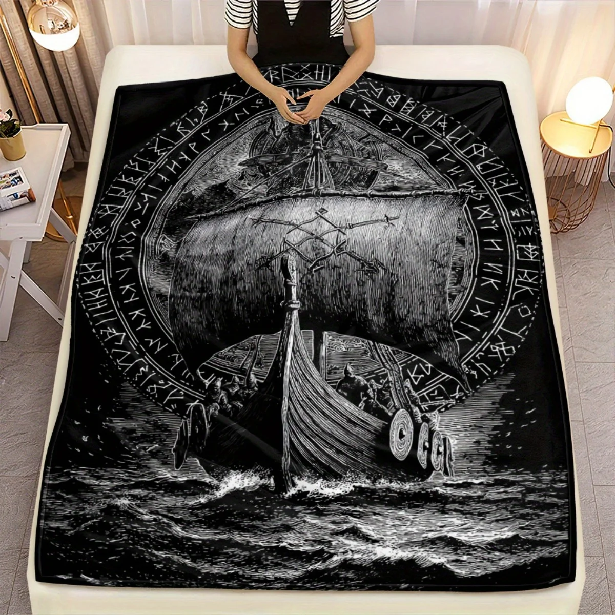 1pc Viking Ship Portable Blanket - Lightweight Flannel All-Season Soft Warm Throw with Nordic Symbols and Viking Sailboat Design